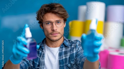 Serious young man wearing gloves and glasses while holding cleaning bottles in a studio setting