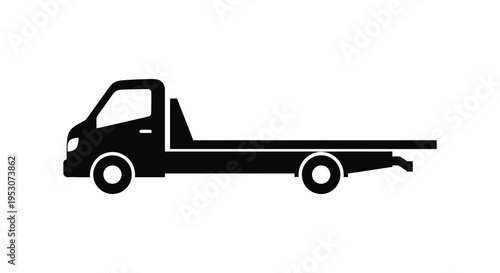 Silhouette of a flatbed tow truck vehicle in black
