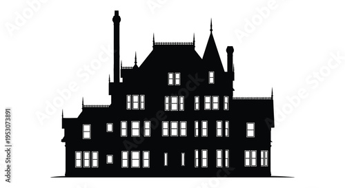 Silhouette of a large gothic style mansion with spires and turrets silhouette