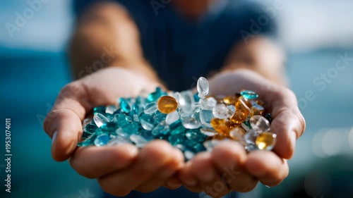 Cupped hands holding colorful sea glass pieces, symbolizing sustainability, recycling, coastal treasures, and mindful environmental collection