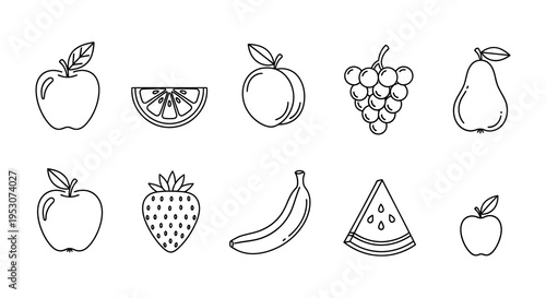 A set of fruit silhouettes including apples pears grapes and more in a simple line drawing style silhouette