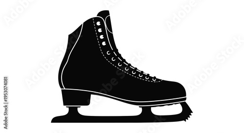 Silhouette of a black ice skate with white trim and laces on a white background