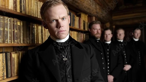 Stern Mormon elders, dressed in conservative attire, standing in a vintage library surrounded by old books, representing devout believers and their strong spiritual traditions