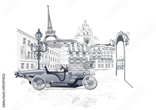 Travel background with a retro car in Paris. Hand drawn vector illustration.