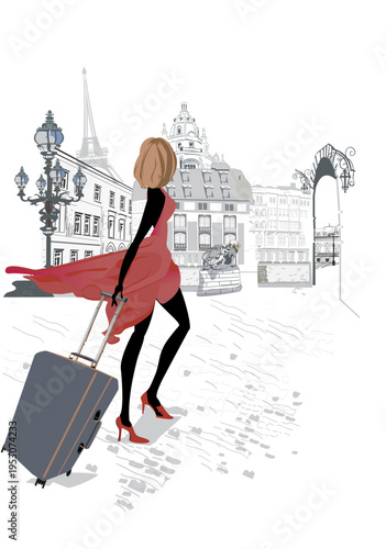 Travel background with a girl and her luggage in Paris. Hand drawn vector illustration.