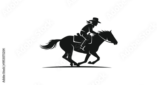 Cowboy Silhouette Riding Horse Fast - Black and White Vector Graphic
