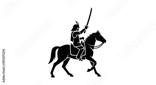Silhouette of a samurai warrior on horseback, raising sword, on white background