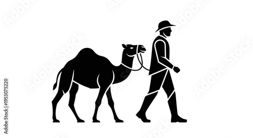 Silhouette of a man leading a camel on a white background