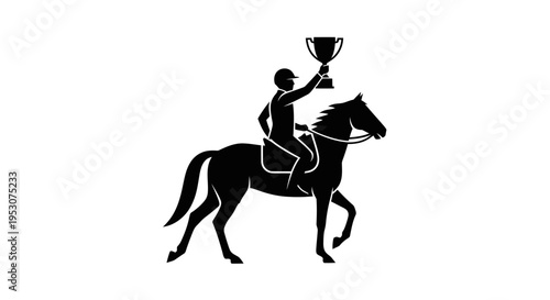 Equestrian Rider with Trophy on Horse Silhouette, Champion Victory Symbol