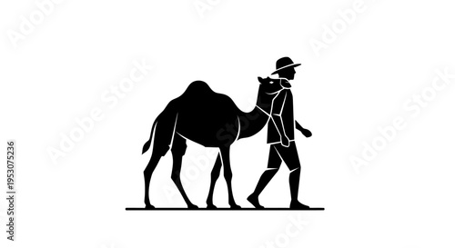 Silhouette of a man walking with a camel, desert travel concept