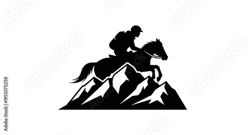 Silhouette of horse rider jumping over mountains, adventure and freedom concept