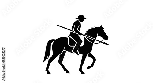 Silhouette of a warrior on horseback with a spear, isolated on white background