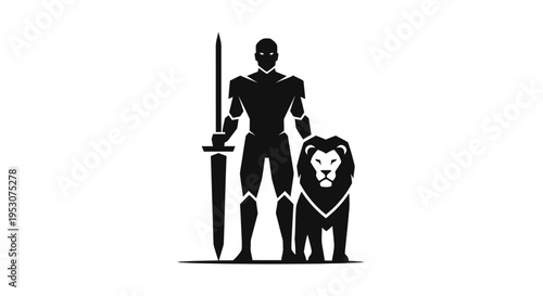 Knight Warrior with Lion Companion Silhouette Logo Emblem