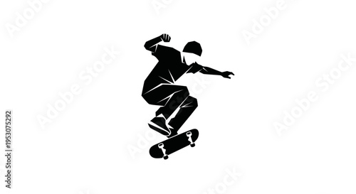 Skateboarder Silhouette Performing Trick on White Background