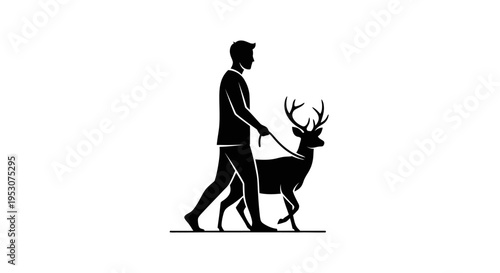 Man walking a deer on a leash, silhouette, unusual pet, nature connection