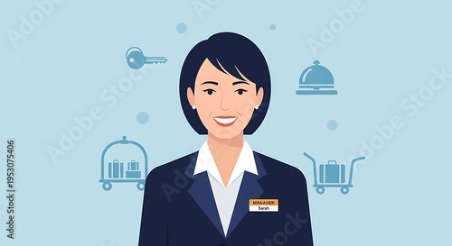 Smiling female hotel manager, centered, with blue background and icons