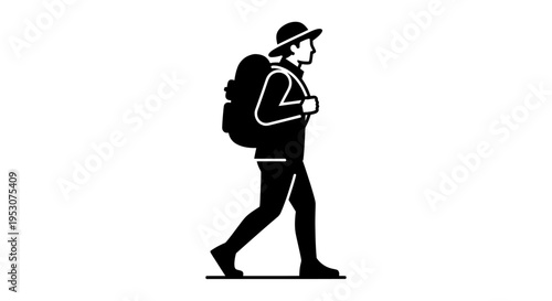 Silhouette of hiker with backpack and hat walking, isolated on white background