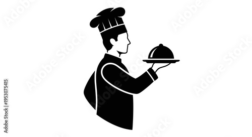 Chef with Food Cloche Icon, Culinary Professional Serving Dish
