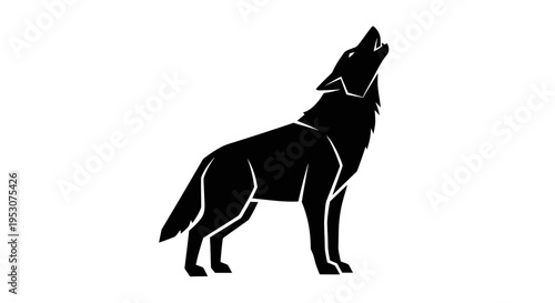 Black wolf silhouette howling at the moon, isolated on white background