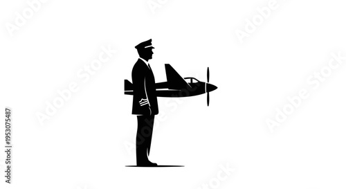 Silhouette of a pilot in uniform standing next to a vintage airplane