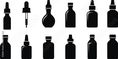 dropper, bottle, silhouettes, essential oil, cosmetic, container, glass, tincture, pipette, medicine, packaging, black, icon, set, pharmacy, liquid, herbal, extract, design, collection