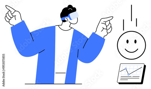 Person wearing virtual reality headset interacts with graphs and a smiling face. Ideal for technology, innovation, virtual reality, data analysis, user experience, futurism, simple flat metaphor