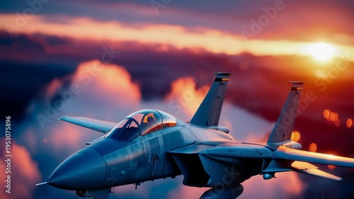 Military fighter jet flying at sunset with dramatic light and aerial motion in the sky