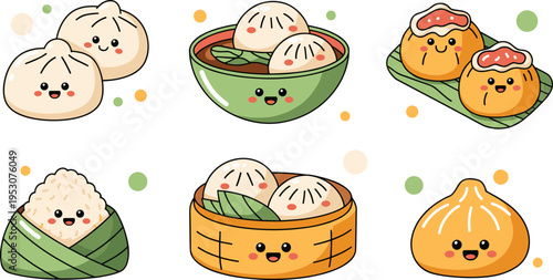 Kawaii dim sum set, cute Chinese food characters with smiling faces, baozi, dumplings, and zongzi for cad drawing flat vector illustration
