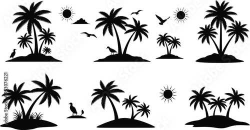 Tropical palm tree silhouettes isolated on transparent background