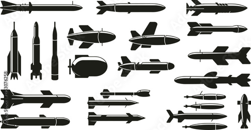 Military missile silhouette set, army rocket and torpedo icons, tactical warhead collection for defense technology and cad drawing flat vector illustration