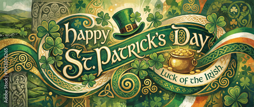 St. Patrick's Day banner with leprechaun and shamrocks celebrating festive occasion. Happy St. Patrick's Day graphic featuring green hat, gold pot, and Irish symbols celebrating luck of the Irish.