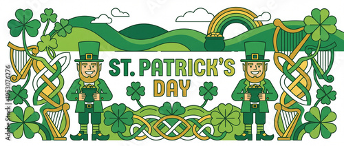 St. Patrick's Day banner featuring leprechauns dancing with clovers and rainbows in a vibrant landscape. St. Patrick's Day celebration showcases traditional Irish symbols,