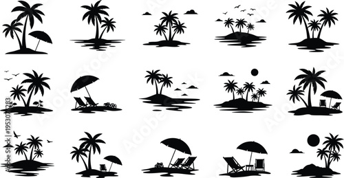 Silhouette of palm trees and beach scenes isolated on transparent background
