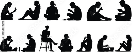 People eating and drinking silhouettes set, men and women sitting and dining, group of figures having lunch or breakfast snacks