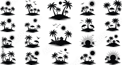 Collection of tropical island silhouettes isolated on transparent background