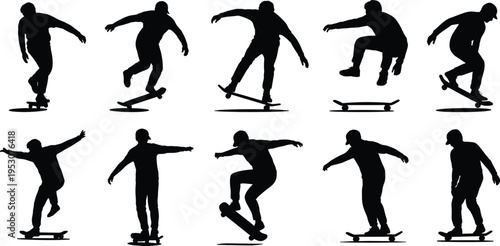 Skateboarder silhouette set, skater figures performing tricks and jumps on skateboards, extreme sports action collection, street culture and urban youth