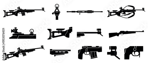 Black silhouette precision target rifles and components are depicted in various views, showcasing detailed stocks, barrels, sights, and actions in a clean, graphic style