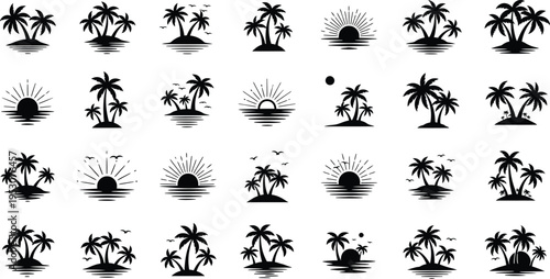 Collection of tropical palm tree silhouettes isolated on transparent background