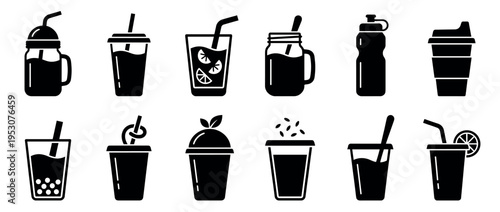 Collection of black silhouette beverage icons featuring various drink containers like cups, jars, and bottles with straws, lids, and garnishes, presented in a clean graphic style