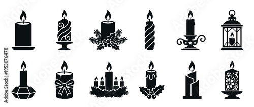 Various decorative black silhouette candle icons with burning flames, featuring festive elements like holly, pine, bows, and elegant holders, presented in a clean graphic style