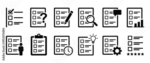 Collection of black checklist icons featuring various symbols like checkmarks, question marks, pencils, and lightbulbs, presented in a flat graphic style
