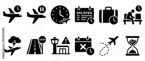 Collection of black glyph icons depicting air travel, including concepts of flight delays, cancellations, waiting times, and airport operations, rendered in a clean, modern style