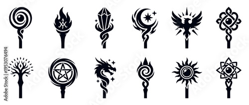 Collection of black fantasy magic staff scepter designs featuring mystical symbols like phoenix, dragon, sun, moon, and ancient knots in a graphic vector style