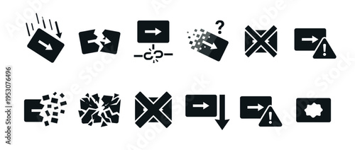 Black vector icons illustrate data transfer and processing problems, featuring broken links, corrupted files, failed operations, and system errors, in a modern, flat graphic style