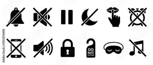 Black glyph icons representing silence, privacy, and quiet modes, featuring symbols for muted notifications, pause, and undisturbed rest in a clean, modern style