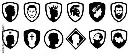 Twelve black and white stylized shield icons depicting men's heads, showcasing diverse profiles, expressions, and symbolic attributes in a graphic, minimalist style