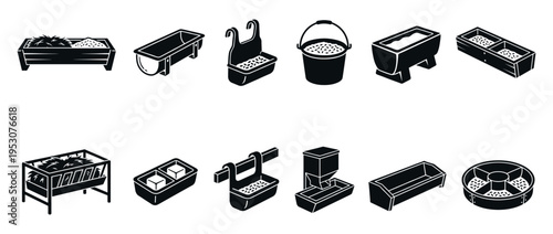 Collection of black and white animal feeders and troughs, presented as simple graphic icons with various contents like hay, grain, and mineral blocks, in a clean, illustrative style