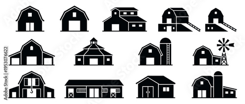 Twelve black silhouette farm building icons are neatly arranged, showcasing various barn styles, silos, and a windmill in a clean, graphic vector illustration