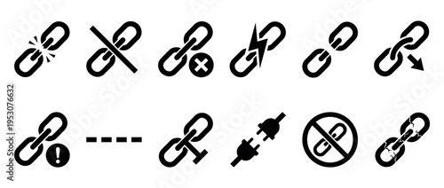 Various black chain link connection and disconnection icons illustrating broken, removed, and error states in a clean, minimalist graphic style