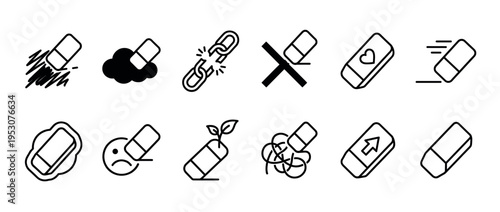 Collection of ten black outline eraser icons depicting various actions like erasing, breaking, growing, and correcting, presented in a clean, modern line art style